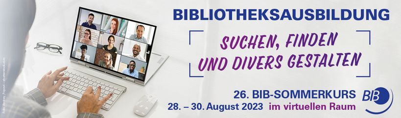 aufgeklappter Laptop rechts daneben Titel des Kurses Bibliotheksausbildung: suchen, finden und divers gestalten